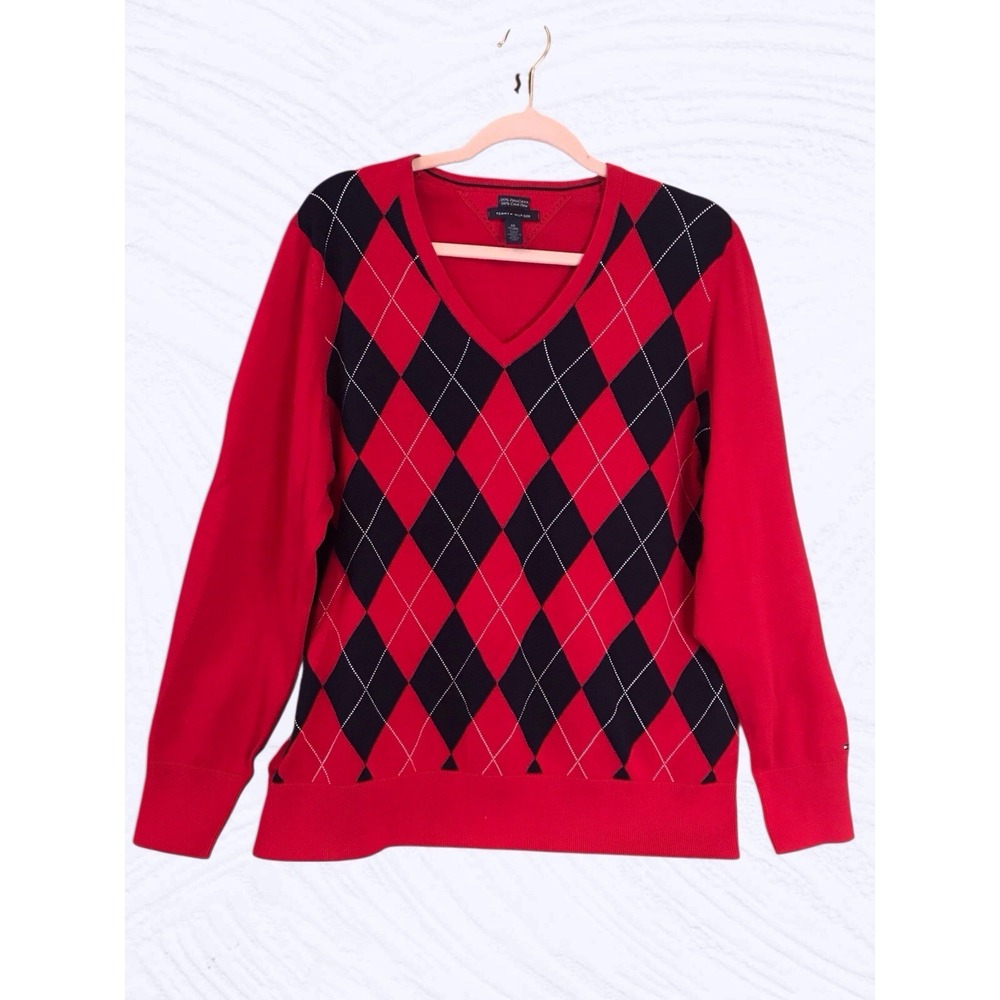 TOMMY HILFIGER Women's Argyle V-Neck Sweater Sz XXL Red Blue Diamond Cotton NWOT